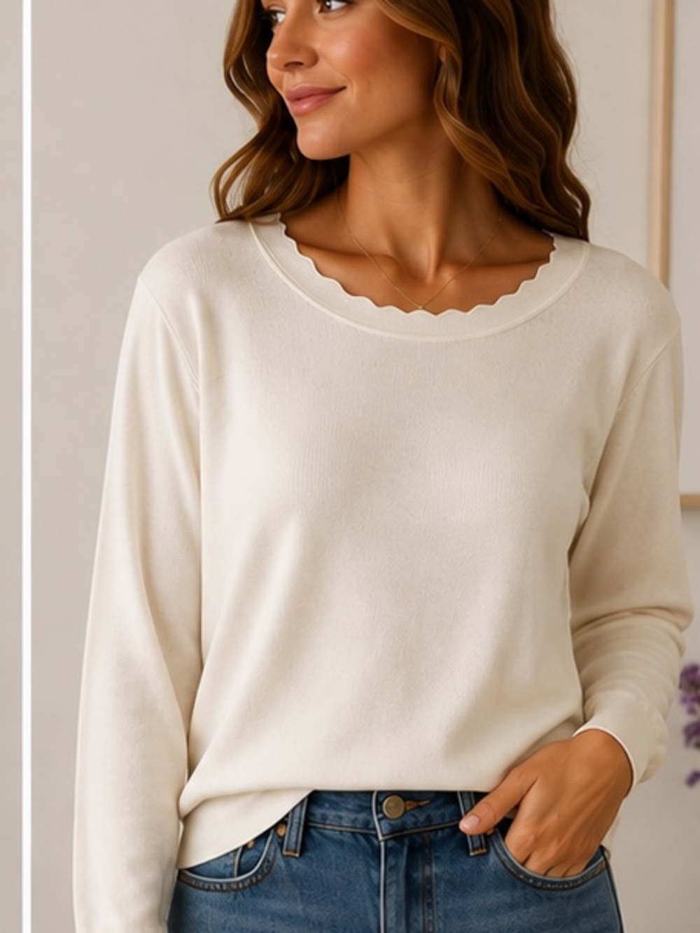 Banana Republic Ivory Scalloped Neck Lightweight‎ Sweater Size Large
